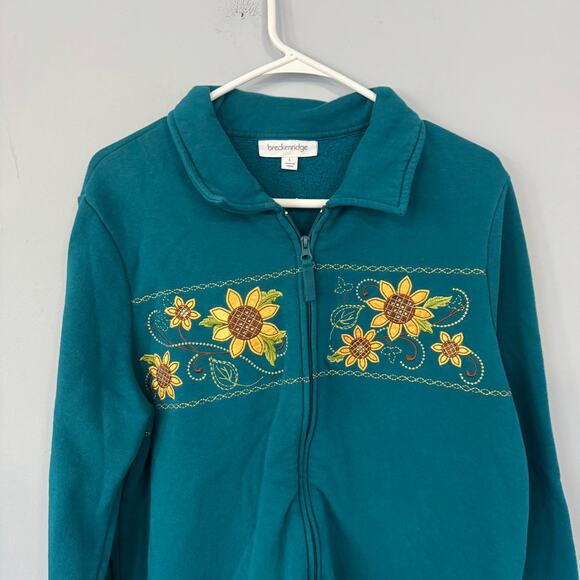 Breckenridge Teal Sunflower Full Zip Sweatshirt / Jacket Size Large w/ Pockets - Picture 2 of 8